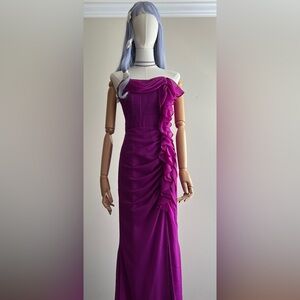 Purple, sleeve dress, ruffle detail, front split, floor length, smoke & pet free